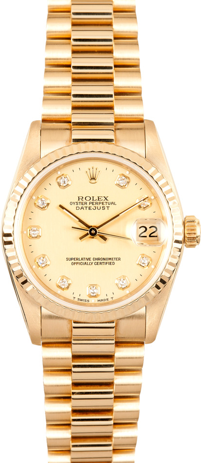 18K Rolex Gold Midsize Watch 68278 Diamond Dial