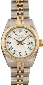 Rolex Date 6917 24MM Steel & 18k Gold, Fluted Bezel White Roman Doorstop Dial, Jubilee