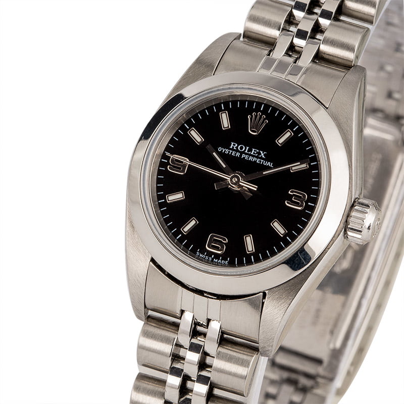 Pre Owned Rolex Ladies Oyster Perpetual 76080 Black Dial