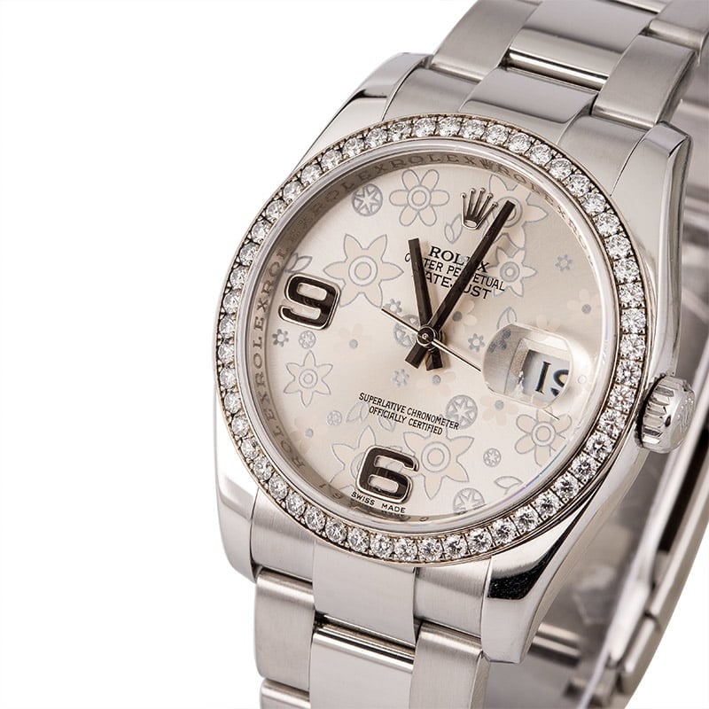Used Rolex Datejust 116244 Diamond Bezel Silver Floral Dial T