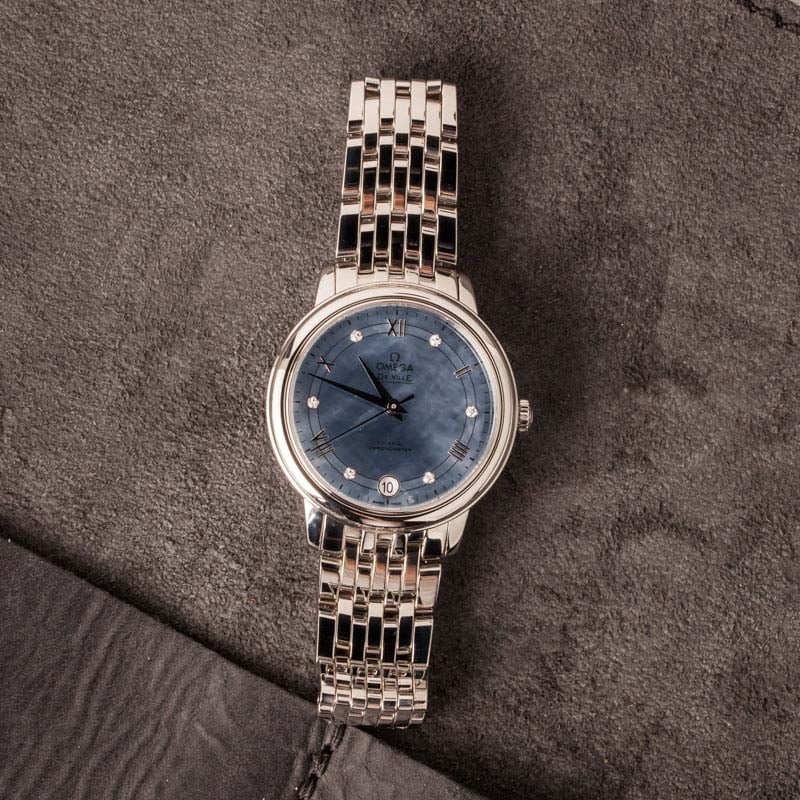 Ladies Omega De Ville Prestige Blue Mother of Pearl Diamond Dial