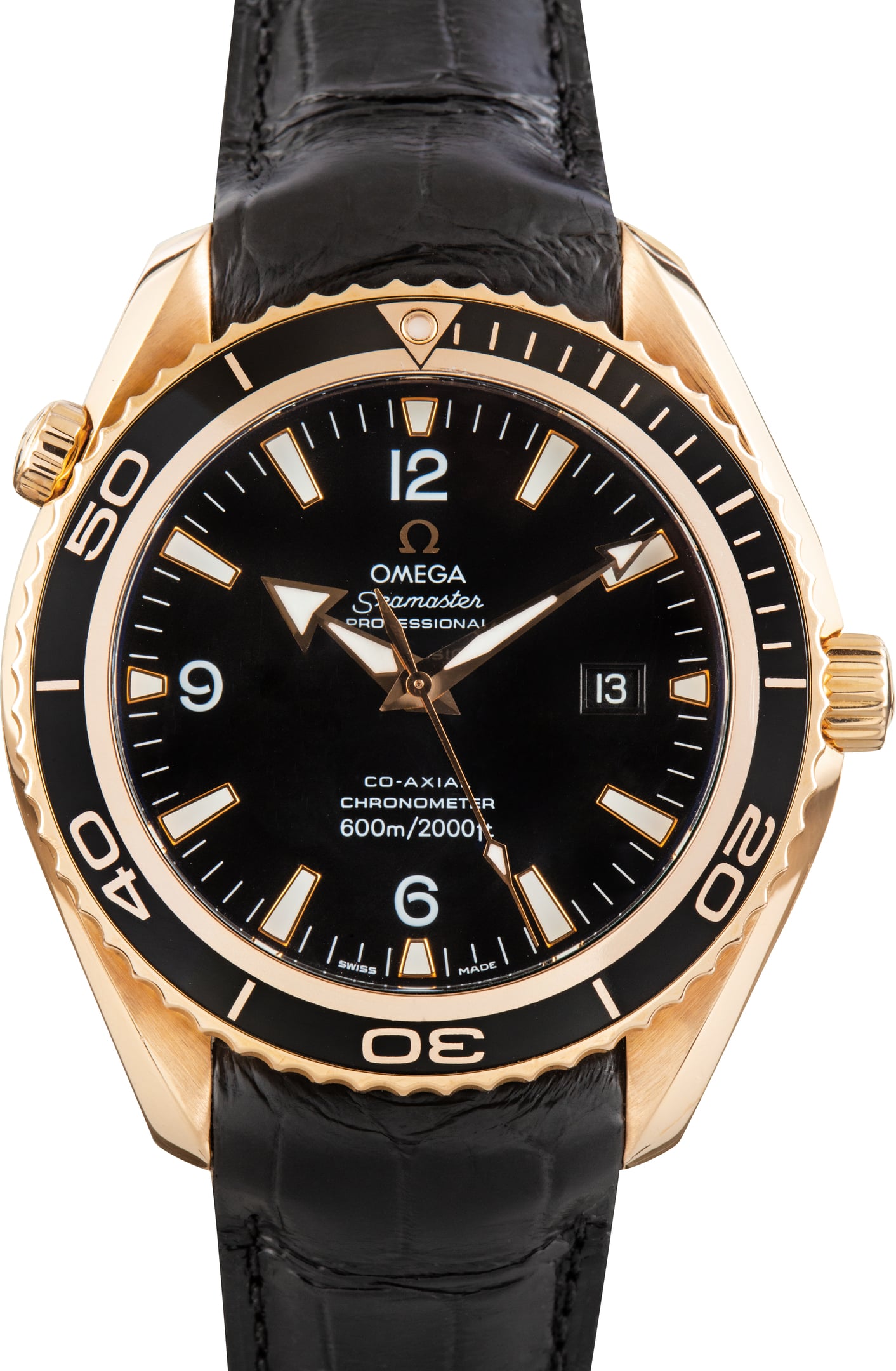 Pre-Owned Omega Seamaster Planet Ocean 600M Red Gold on Leather Strap