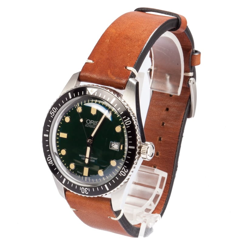 Mens Oris Divers Sixty Five Leather Strap Green Dial