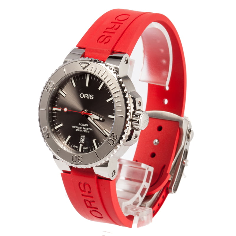 Oris Aquis Date Relief Steel On Red Rubber Strap
