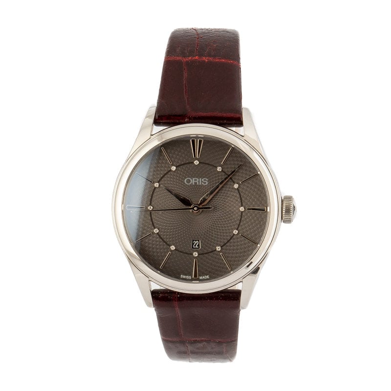 Ladies Oris Artelier Date Diamonds Bordeaux Leather Strap