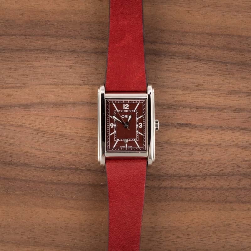 Oris Rectangular Red Dial & Leather Strap