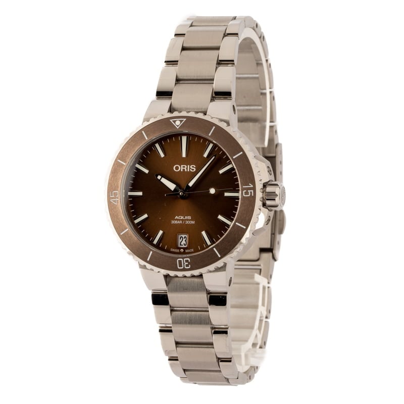 Ladies Oris Aquis Date Brown Dial & Steel Band