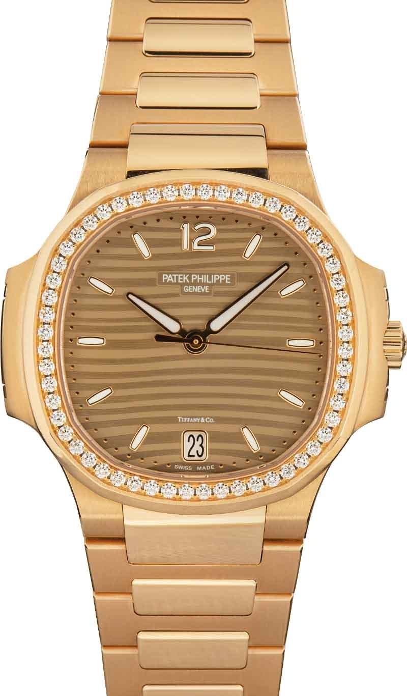 Patek Philippe Nautilus Ladies Rose Gold Nautilus White Dial Diamond Bezel 7118/1200R-001