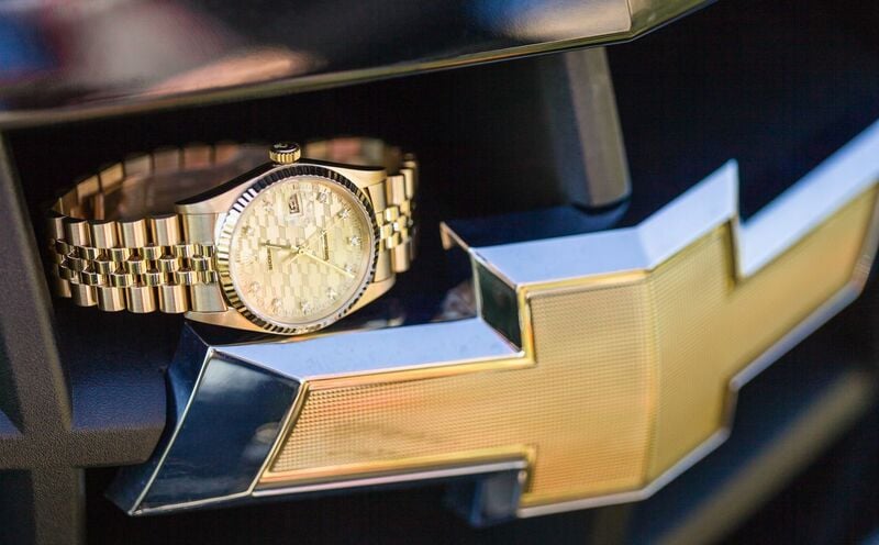 The dial is unique since it has the Chevy logo on it. Yellow-Gold-Rolex-Datejust-Chevrolet-Anniversary