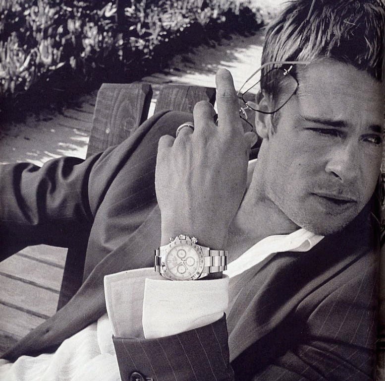 Brad Pitt wearing a Rolex Daytona (image courtesy of mkmotorsport.com)