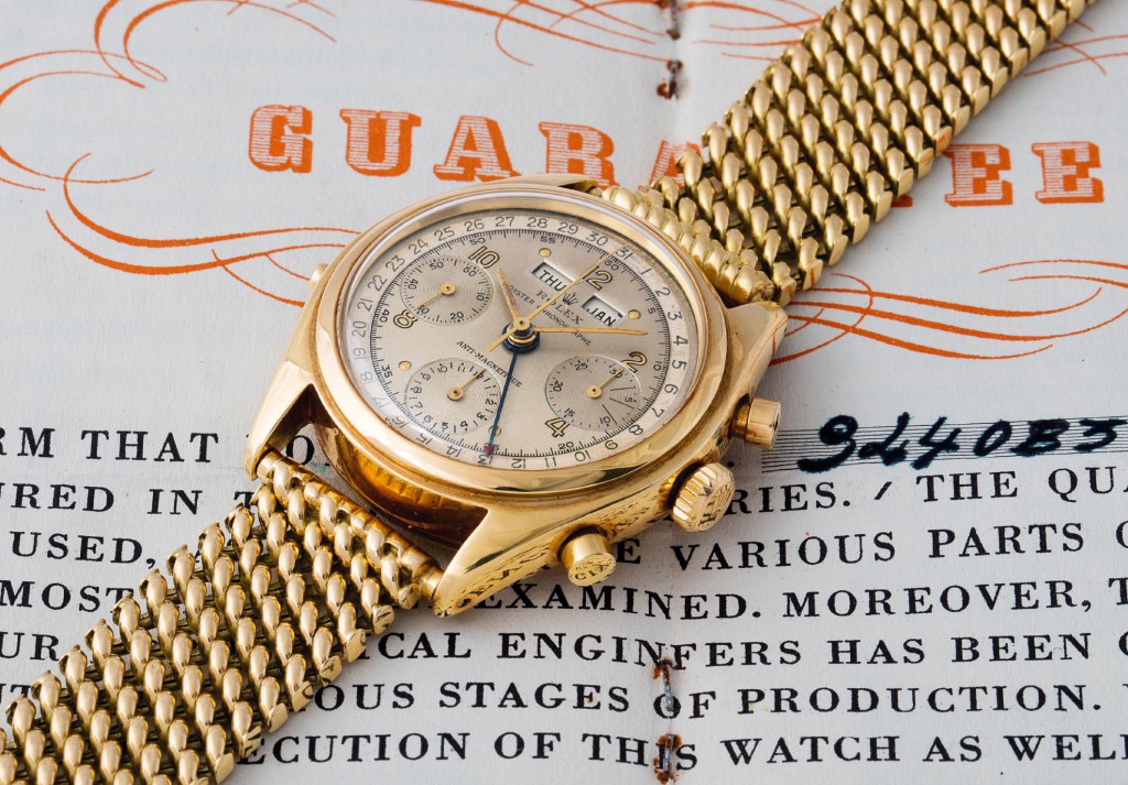 This particular 6036 is presented on its original Gay Frères 18 karat yellow gold bracelet. Rolex Dato Compax 6036 “Killy”