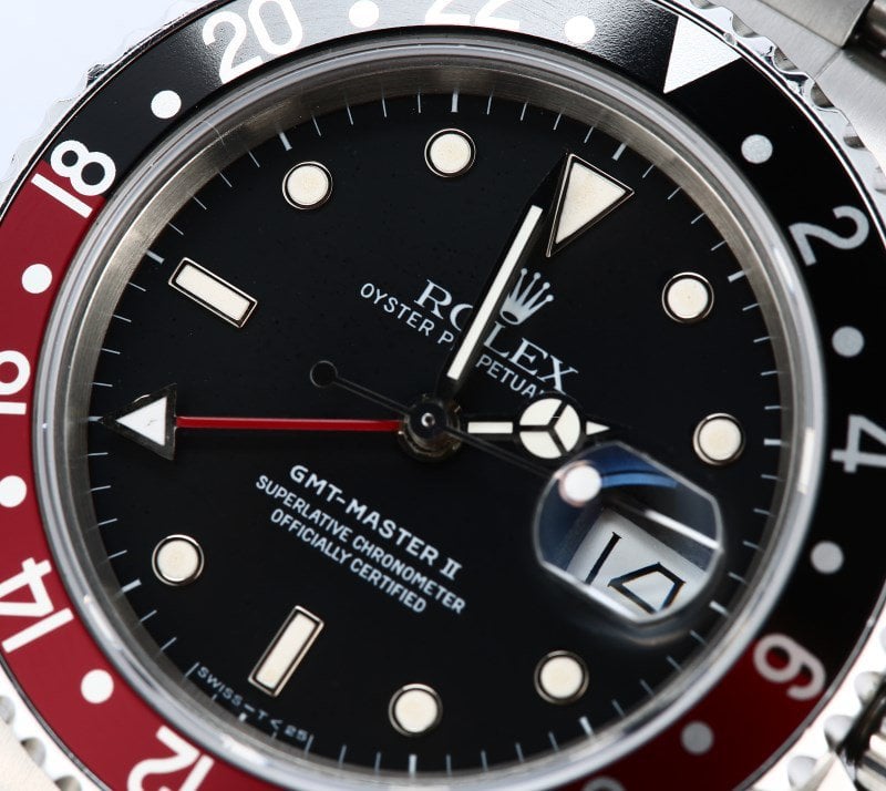 This GMT-Master II got the nickname "Coke" for its black and red bezel. One Rolex