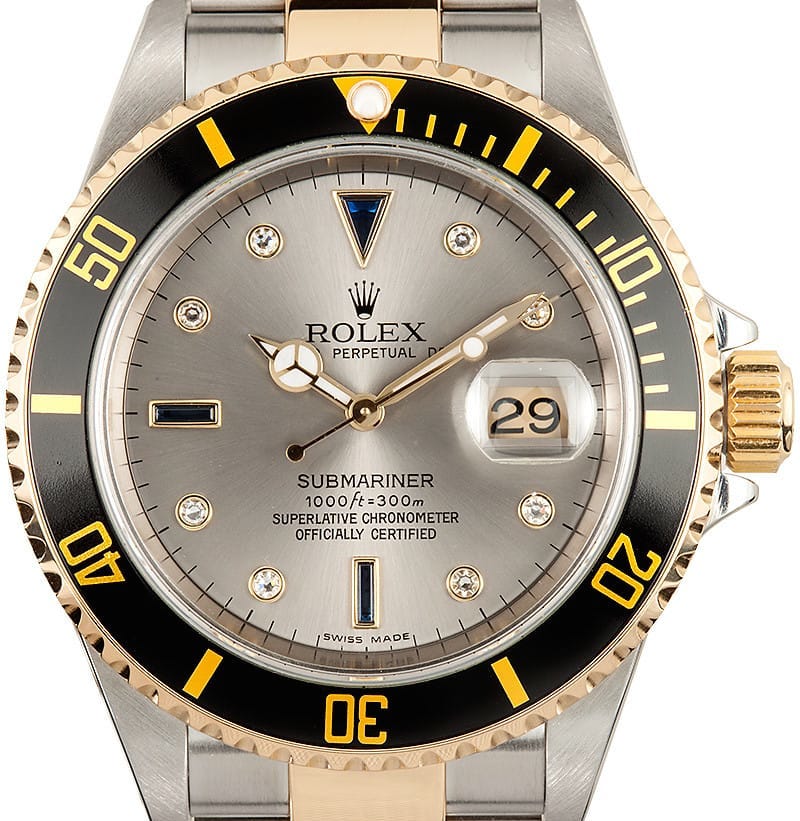 Rolex Submariner ref. 16613 with black bezel and silver Serti dial