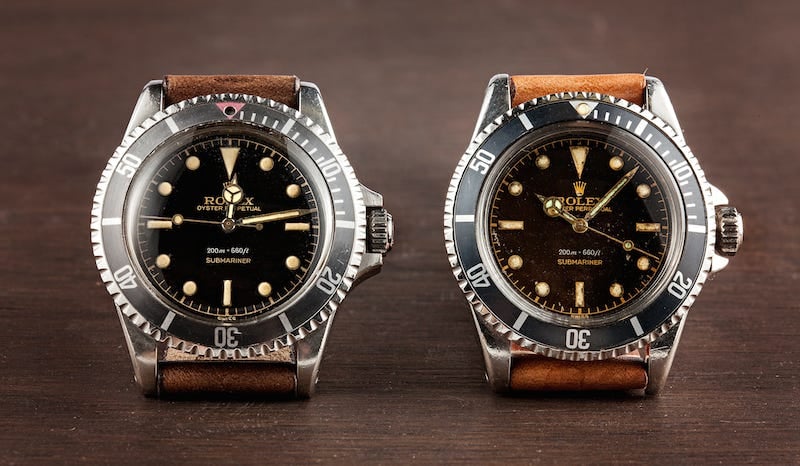 Rolex Submariner 5512 Modelle.  Links hat der quadratische Kronenschutz und rechts den spitzen Kronenschutz.