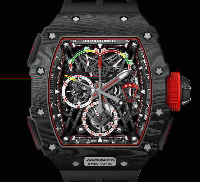 At SIHH 2017 Richard Mille RM 50-03 Tourbillion Split Seconds Chronograph is made from a high-tech material called Graph TPT™, or graphene. At SIHH 2017 Richard Mille RM 50-03 Tourbillion Split Seconds Chronograph is made from a high-tech material called Graph TPT™, or graphene.