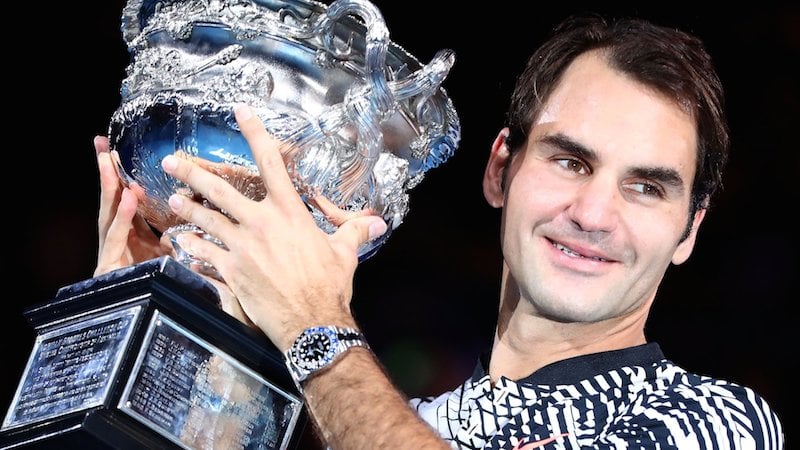 Roger holds up the Australian Open Cup with a Rolex GMT-Master II BLNR Roger Federer won his 18th Grand Slam title.