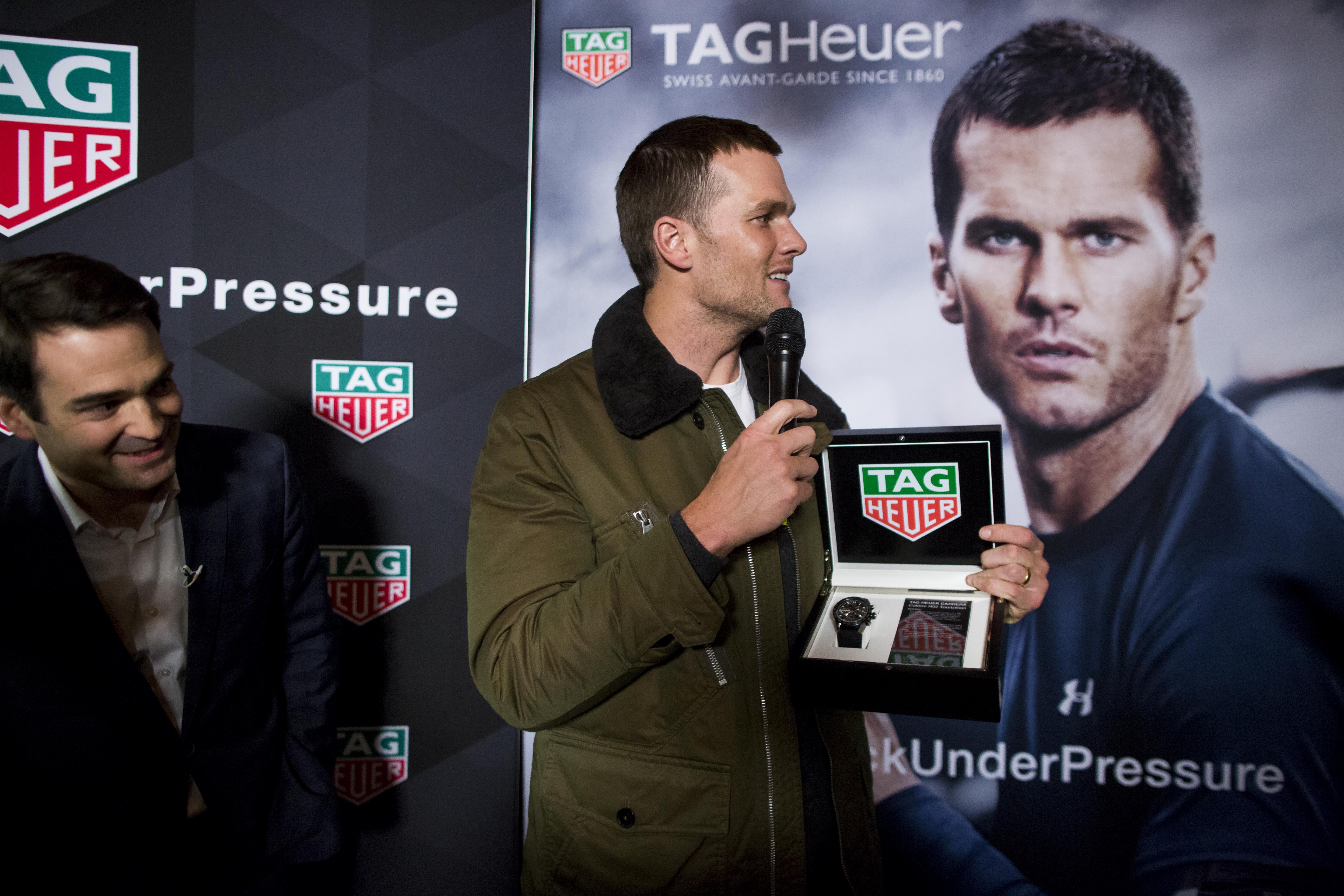 Tom Brady getting his new watch on February 8, 2017 in Boston, Massachusetts. Tom Brady receives a watch from TAG Heuer.