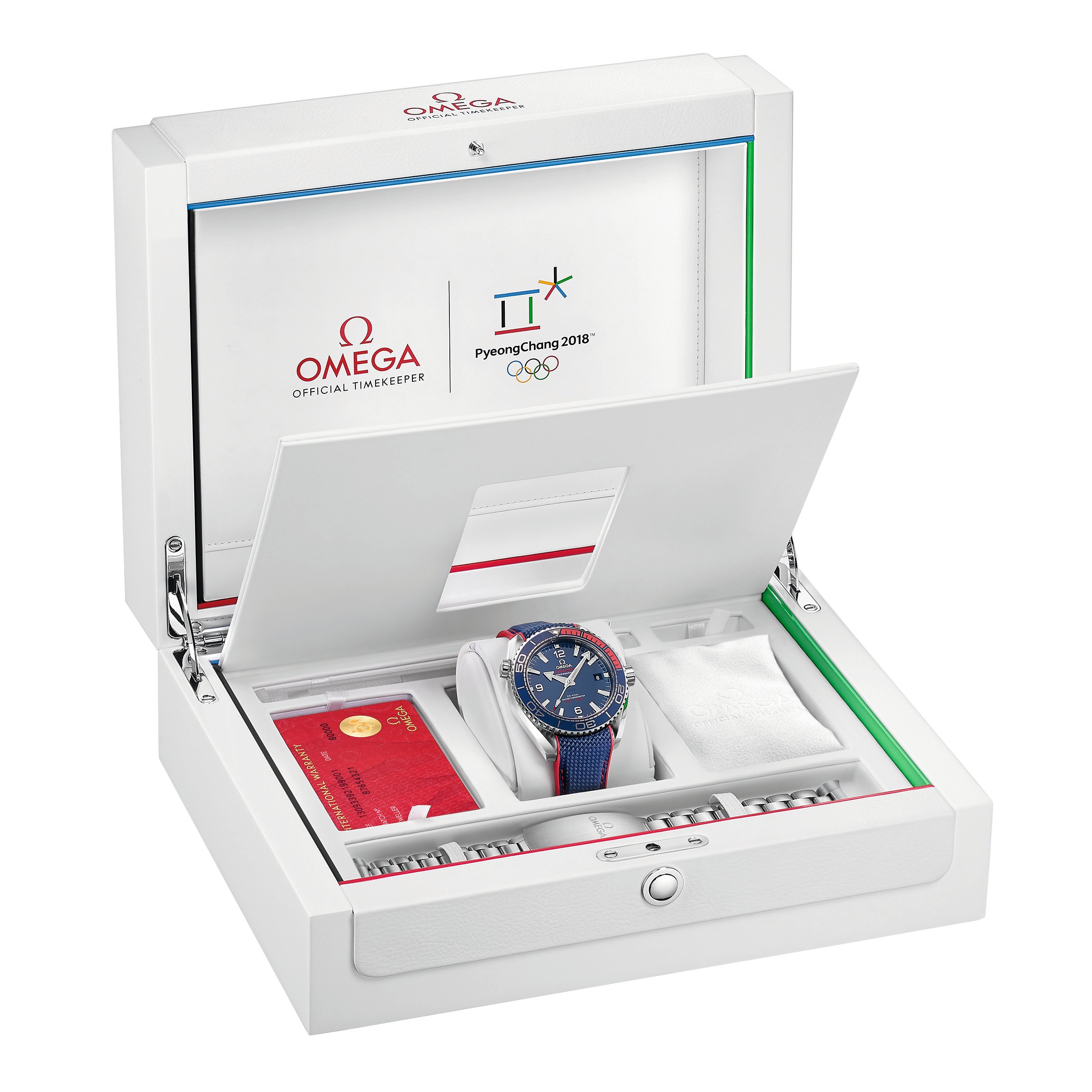 The Omega Seamaster was inspired by the 2018 Olympics. The watch holds the colors of the South Korean Flag.