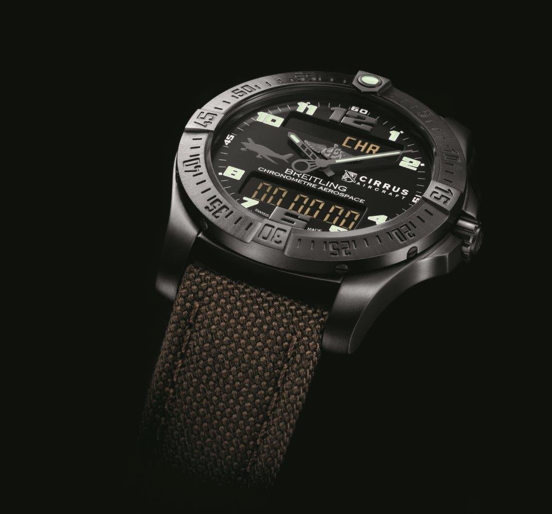This watch is has a aviation theme dial. It has the ability to measure time further than 1/100ths of a second.