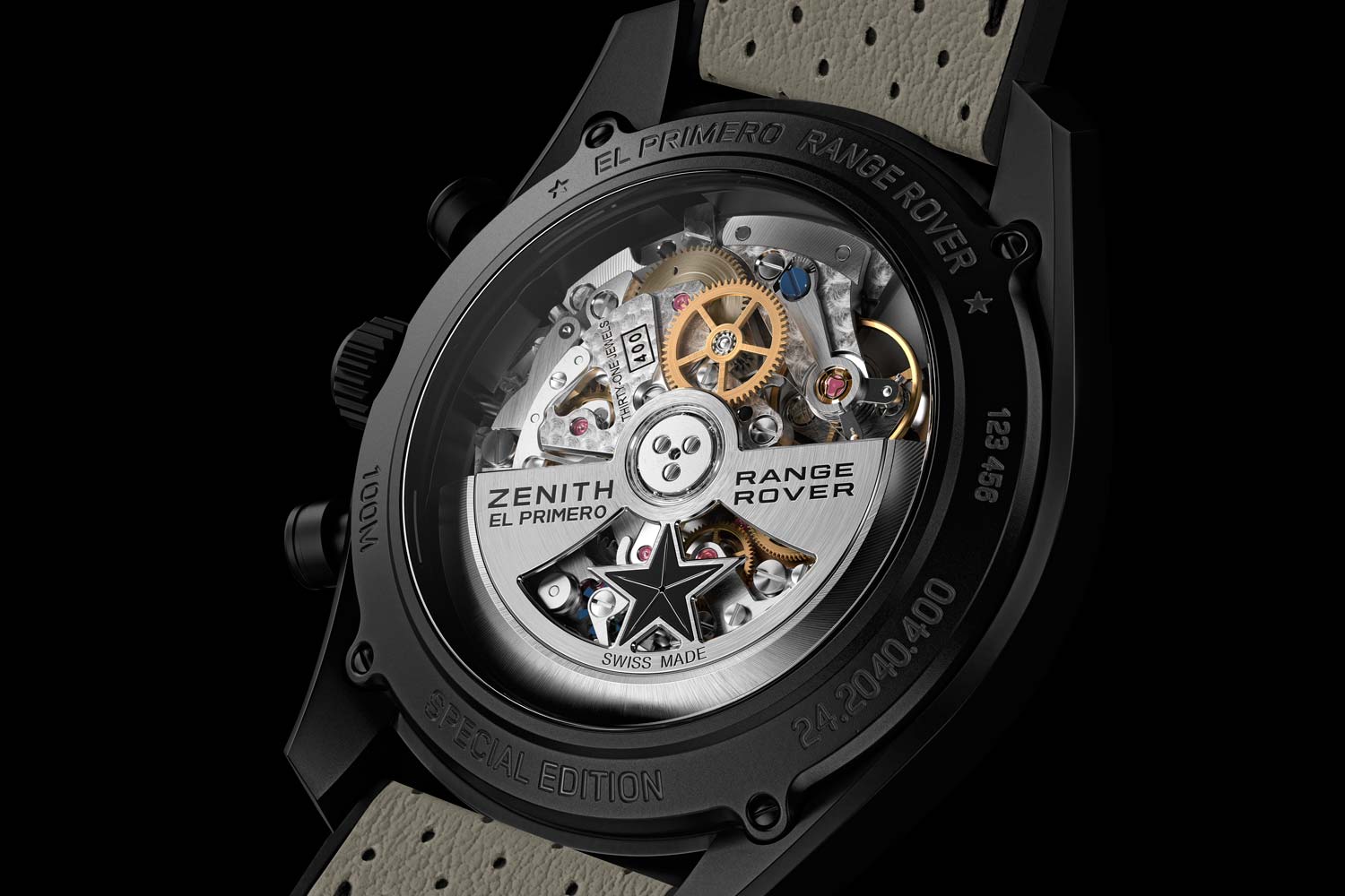 The El Primero Range Rover features a clear case back. The back of the El Primero Range Rover features a clear case back.