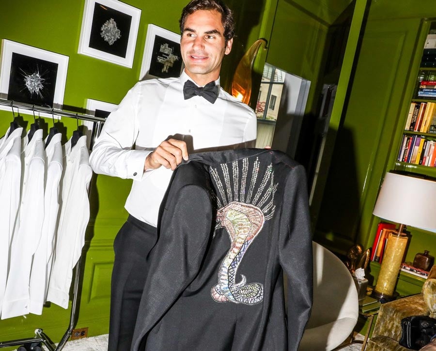 A tux for Roger Federer featuring a crystal cobra. Roger Federer at Met Gala
