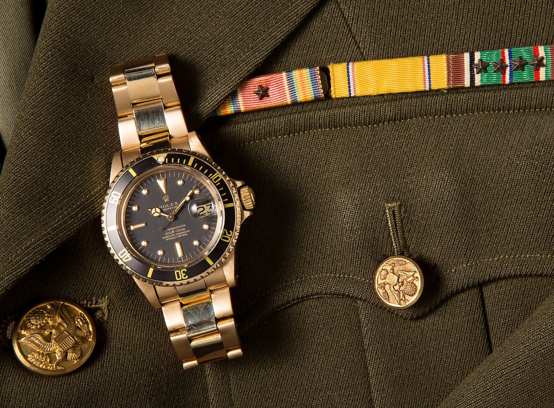 Military Rolex Watch Vintage Submariner 1680 Black 18k Yellow Gold
