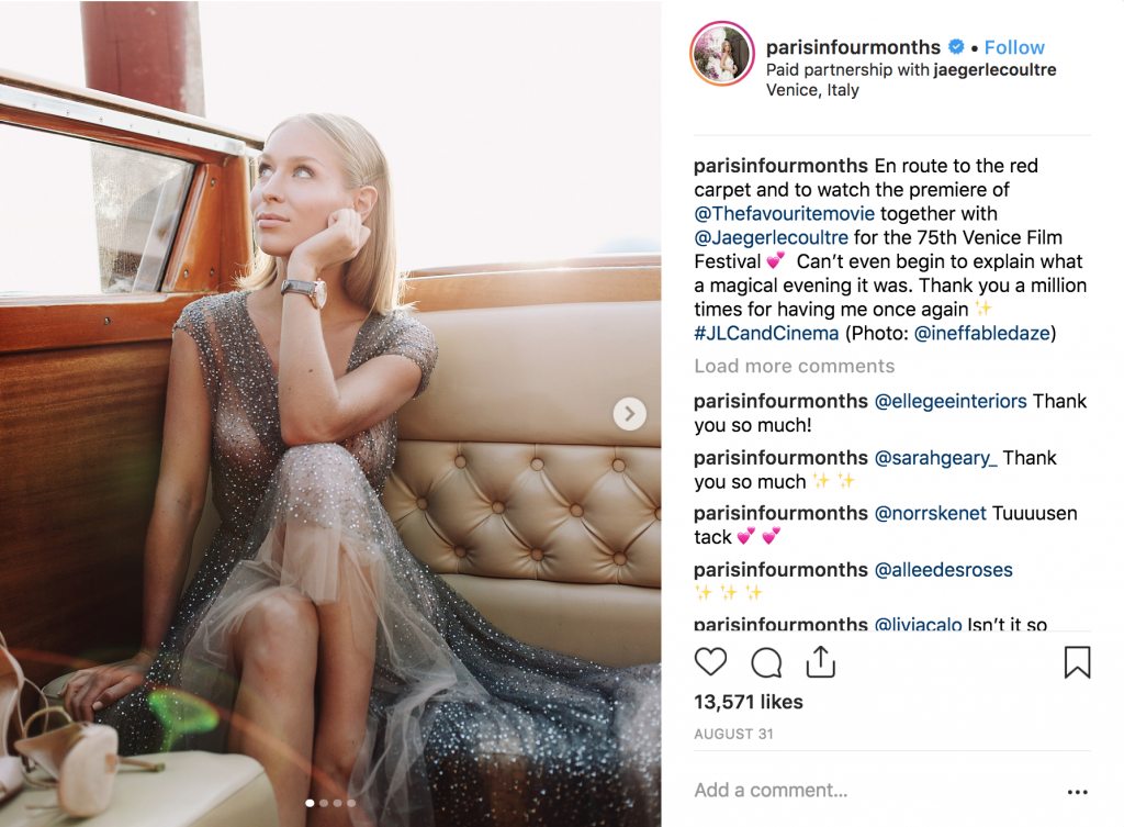 Carin Olsson representing millennials for Jaeger LeCoultre on Instagram