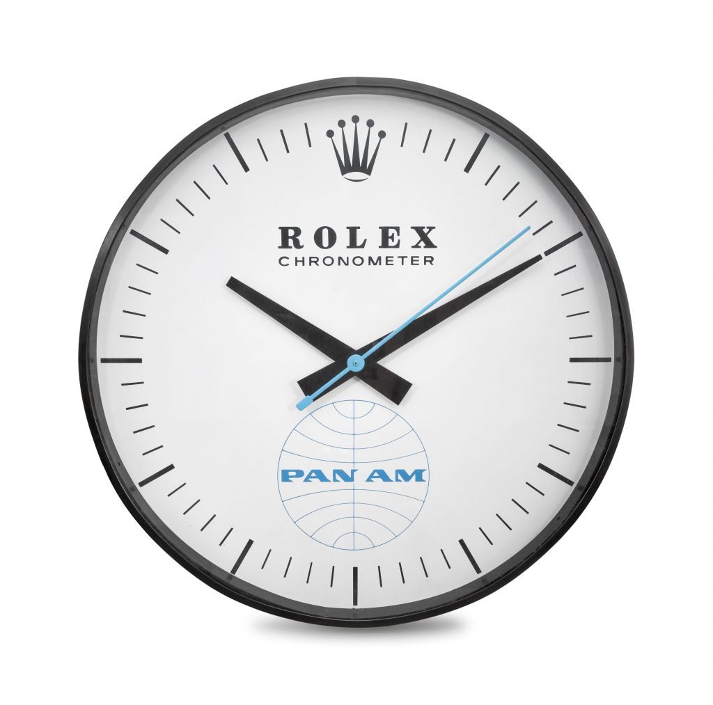 This unique wall clock from Rolex for Pan Am will be going under the hammer (photo courtesy of Christies)