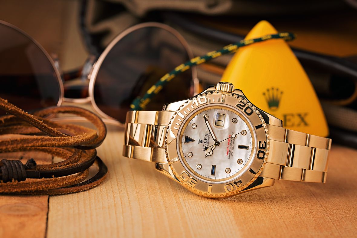 Yellow Gold Rolex Yacht-Master 16628 Mother of Pearl Dial Diamond Sapphire Markers