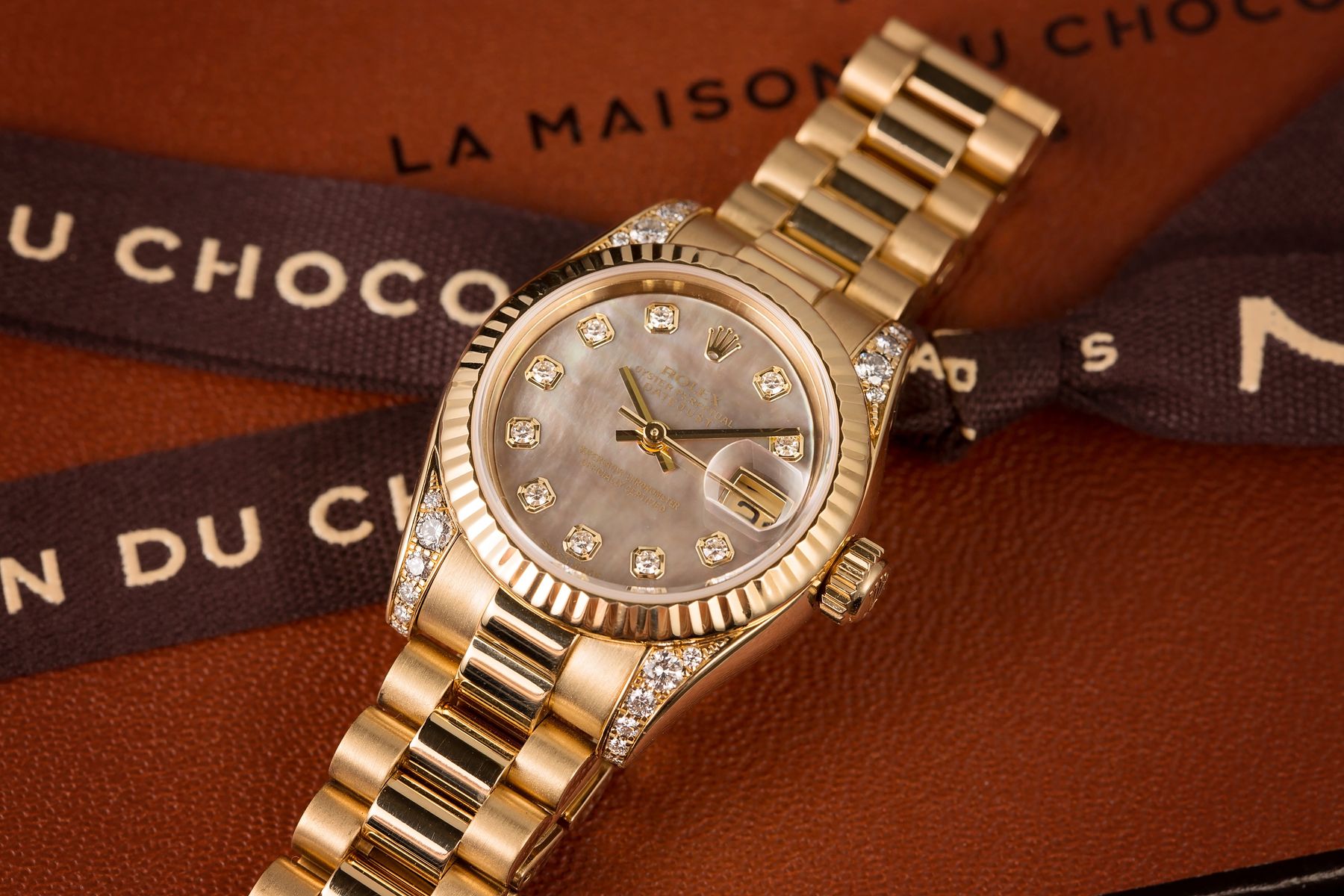 Gold Rolex Ladies President Watches Diamond Lugs Mother of Pearl Dial