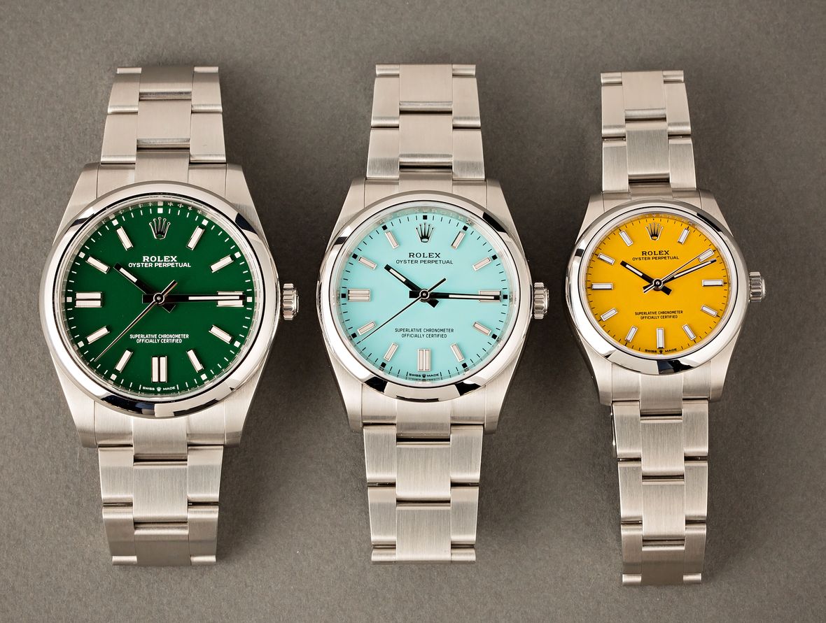 Rolex Stella Dial vs Oyster Perpetual Watches OP Green Turquoise Yellow