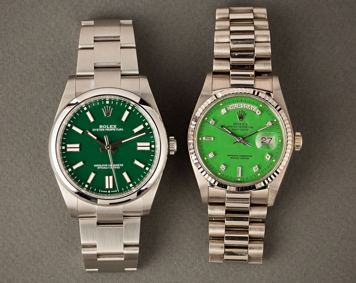 Rolex Stella Dial vs Oyster Perpetual Green dials diamond white gold